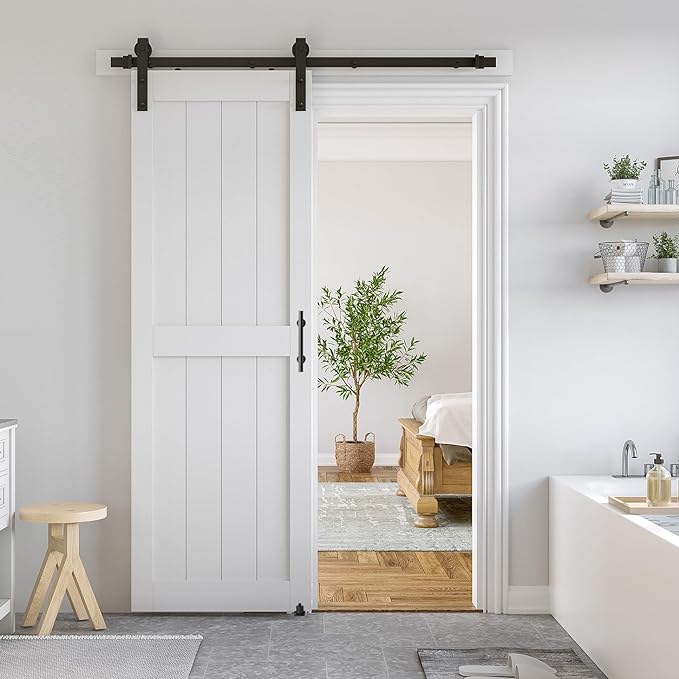 SmartStandard 30 x 84 in Sliding MDF Barn Door with 5FT Sliding Door Hardware Kit & Handle, Pre-Drilled Ready to Assemble, Waterproof PVC Coating, White, H-Frame