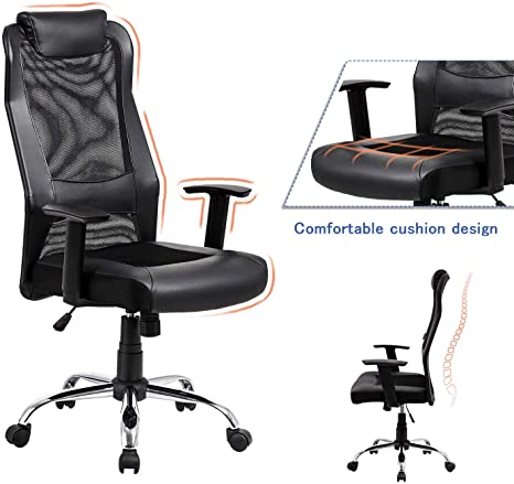 Mesh Office Chair High Back – Padded Leather Headrest Design of Computer Desk Chair with Adjustable Armrest and Lumbar Support，Black