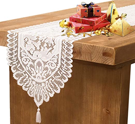 Asunflower White 13" x 60" Holiday Embroidered Table Runner Lace Table Linens Decor with Tassel for Christmas Decorations Holiday Wedding Festival Party Table Centrepiece Home Decor