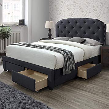 DG Casa 12350-Q-CRL Argo Tufted Upholstered Panel Bed Frame with Storage Drawers and Nailhead Trim Headboard, Queen Size in Charcoal Linen Style Fabric