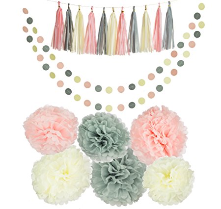 Party Charm Pink, Gray, & Ivory Tissue Paper Pom Pom Flower, Tassel, & Paper Circle Garlands Decoration for Baby Shower, Birthday Party, Bridal Shower Décor (20-piece set) DIY Party Supplies