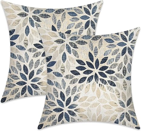 Snycler Dahlia Pillow Covers 18x18 Inch Set of 2 Summer Rust Geometric Flower Outdoor Decorative Throw Pillows Farmhouse Navy Blue Pillow Case Linen Square Cushion Cover for Home Sofa Living Room