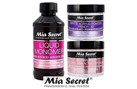 MIA SECRET 4 oz LIQUID MONOMER   Acrylic Powder 2 oz White & Multibalance (Natural Pink) -Made in USA
