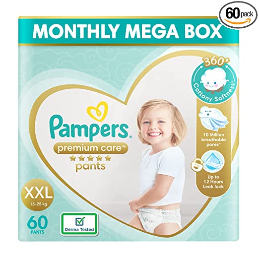 Pampers Premium Care Pants, Double Extra Large size baby Diapers, (XXL) 60 Count Softest ever Pampers Pants,