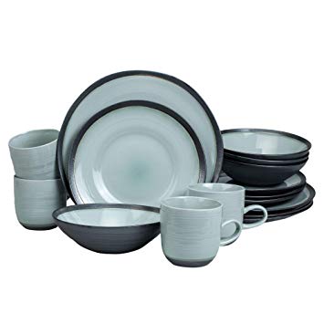 Euro Ceramica DIA-1001 Diana 16 Piece Dinnerware Set, Dinner, Salad Plate, Soup Bowl, Mug, Service for 4, Modern Graphite Black/Grey with Soft Turquoise Glaze