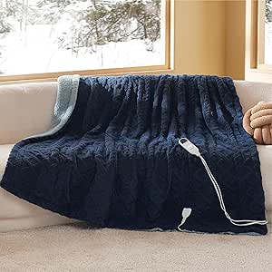 Bedsure Electric Heated Blanket Full Jacquard Shaggy Sherpa, Fast Heating Electric Blanket with 10 Time Settings, 6 Heat Settings, and 8 hrs Timer Auto Shut Off (72x84 inches, Navy Blue)