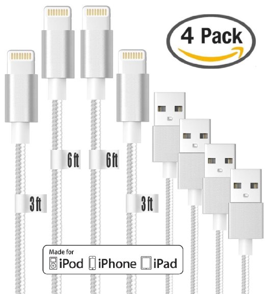 2Pack 3ft & 2Pack 6ft Premium Nylon Braided iPhone Lightning Cable Charging Cable USB Cord for iPhone SE 6S, 6S Plus, 6Plus, 6,5S 5C 5,iPad Mini, Air,iPad5,iPod Compatible with iOS9