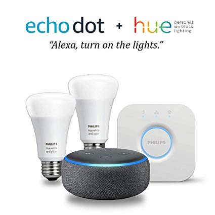 Echo Dot (3rd Gen) - Charcoal with Philips Hue White and Color Smart Light Bulb Starter Kit
