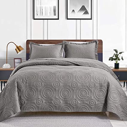 Love's cabin Twin Quilt Set Gray Bedspreads - Soft Bed Summer Quilt Lightweight Microfiber Bedspread- Modern Style Circle Pattern Coverlet for All Season - 2 Piece (1 Quilt, 1 Pillow Sham)