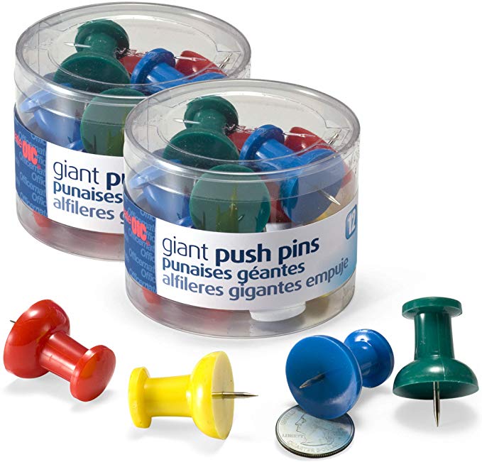 Officemate Giant Push Pins, 1.5" Assorted Colors, 2 Tubs of 12 (92905)
