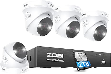 ZOSI 4K POE Security Camera System Outdoor, 4PCS 4K Spotlight Wired Cameras for Home Security, Person Vehicle Detection, Color Night Vision, 8 Ports 16CH 8MP NVR with 2TB HDD for 24/7 Recording