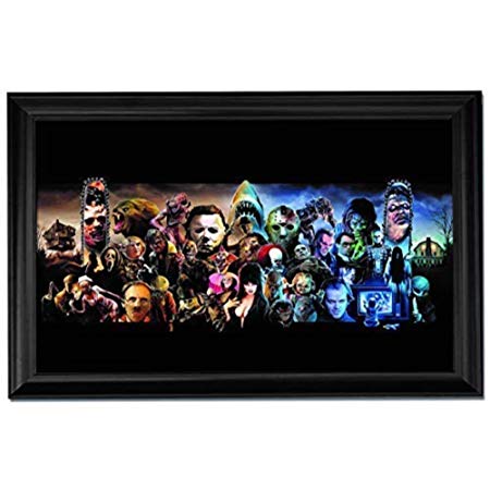 Scary Movie Collage Wall Art Decor Framed Print | 36x24 Premium (Canvas/Painting Like) Textured Poster | Horror Films Jaws, Hannibal, Chucky, Myers Movies | Memorabilia Gifts for Guys & Girls Bedroom