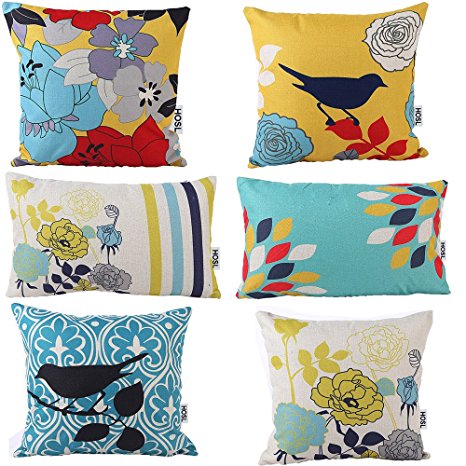 HOSL® Cotton and Linen Decorative Pillow Cover Case Pack of 6 (4 Square About 18" X 18"; 2 Rectangle About 11.5" x 19.5")（Bird And Flower)