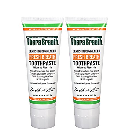 TheraBreath Dentist Recommended Fresh Breath Dry Mouth Toothpaste Without Fluoride, Mild Mint, 4 Ounce (Pack of 2)