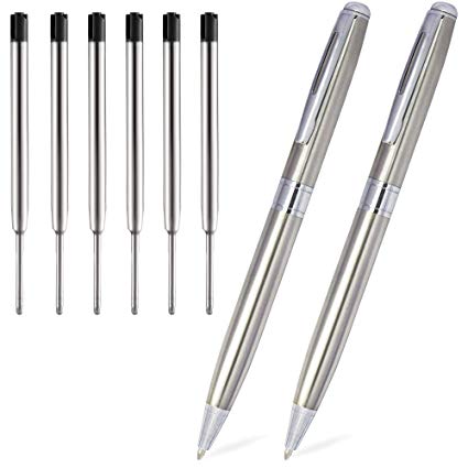 Ballpoint Pens Black Pens Silver Pen With Black Ink Retractable Pens Medium Point 1.0mm Stainless Steel Metal Grip Pens Ball Point Office Business Gift Pens For Men Women, 2 Pack With 6 Extra Refills