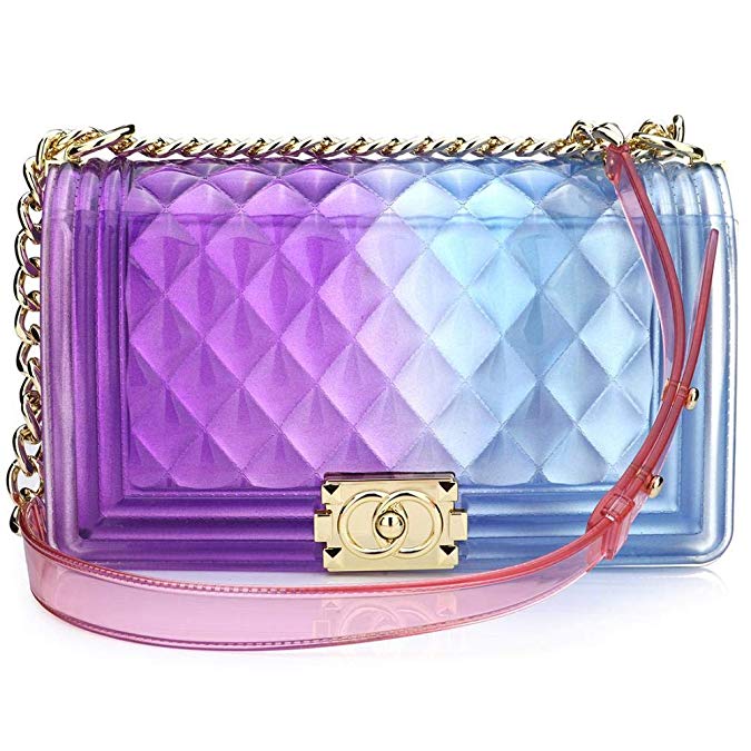 Peudo Women Transparent Jelly Messenger Bag Gradient Candy Color Clutch Purses Shoulder Handbags Crossbody Bag with Chain