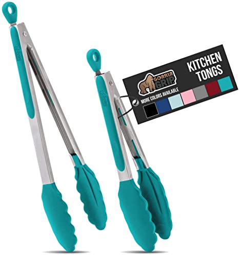 Gorilla Grip Stainless Steel Silicone Tongs for Cooking, Set of 2, Includes 7 and 9 Inch Locking Kitchen Tong, Heat Resistant Tip, Strong Grip for Large Meat, Perfect for Nonstick Pans, BBQ, Turquoise