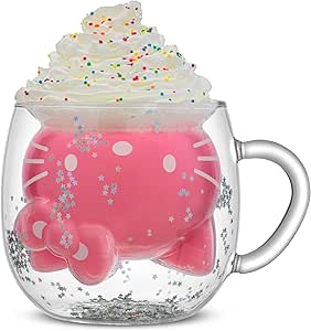 JoyJolt Hello Kitty 50th Anniversary Limited Edition Double Wall Glass Mug, 13.5 oz Insulated Coffee Mug with 3D Design, Cute Mug for Tea, Latte, or Iced Coffee, Kawaii Cup, Sanrio Accessories