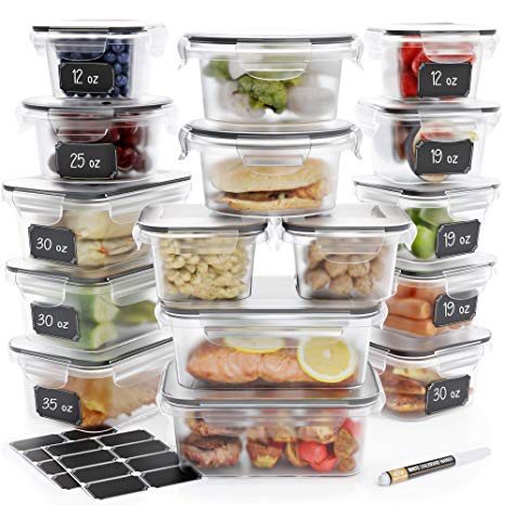[16-Pack] Food Storage Containers Set - Airtight Plastic Containers with Easy Snap Lids - Leak Proof Kitchen & Pantry Containers - BPA-Free - 16 Chalkboard Labels & Marker - Chef’s Path