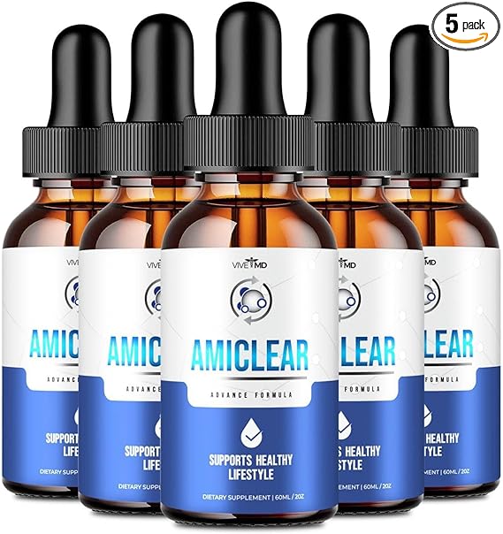 Amiclear Drops Advanced Support Official Formula - Dietary Supplement Drops - Extra Strength with Hawthorn Berry Organic, Horse Chestnut Extract, Grape Seed Extract Reusable Dropper Included (5 Pack)