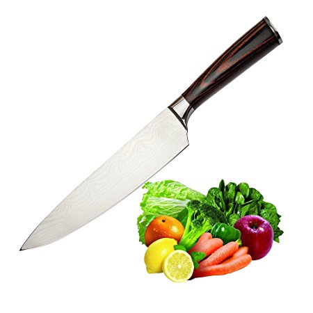 8 inch Chef Knife Japanese Sharp Kitchen Knife High Carbon Stainless Steel Large Professional Knives with Wood Handle Black Gift Case Edge Guard (45 Degree Blade Angle）