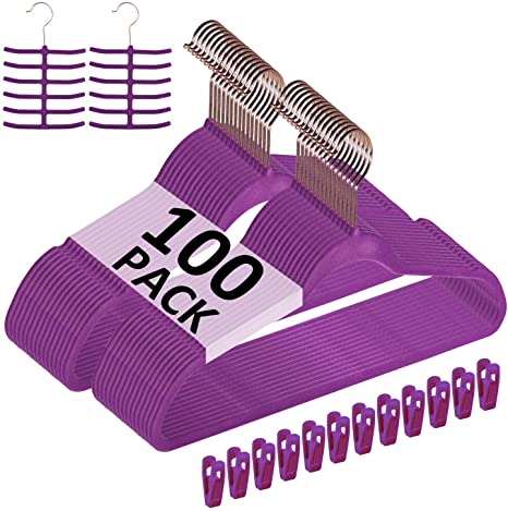 VECELO Premium Velvet Suit Hangers Heavy Duty (100 Pack) - Non Slip & Space-Saving Clothes Hangers with 12 Finger Clips and 2 Tie Rack Excellent for Men and Women (Purple)