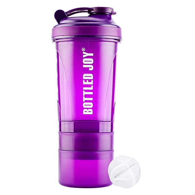 BOTTLED JOY Protein Shaker Bottle with 3-Layer Twist and Lock Storage, 100% BPA-Free Leak Proof SportMixer Fitness Sports Nutrition Supplements Non-slip Mix Shake Bottle 20oz 600ml (Violet)