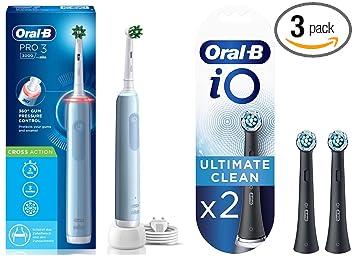 Oral B Pro 3 Electric Toothbrush for adults, 3 modes with Triple pressure control, replaceable brush head included,blue & Oral B IO Electric toothbrush replacement brush heads