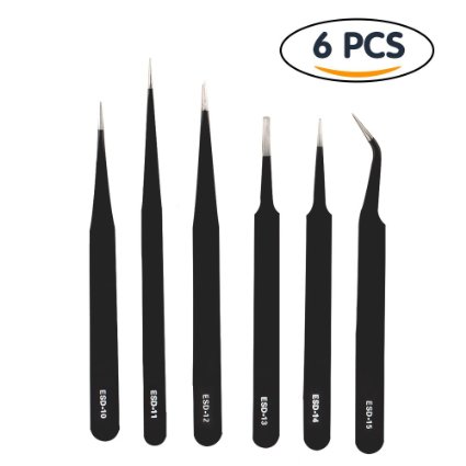 Shintop Anti-Static ESD Tweezers - Pointed Tweezers Anti-Magnetic, Anti-Acid Stainless Steel Tweezers Set for Laboratory Work, Electronics, Jewelry-Making (Pack of 6, Black)