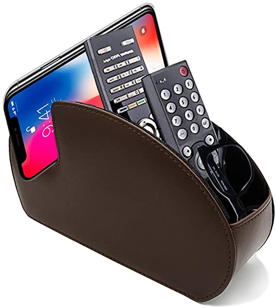 Fosinz Remote Control Holder Organizer Phone Pad Table Desk Leather Control Storage TV Remote Control Organizer with 5 Spacious Compartments (Brown with Opening)