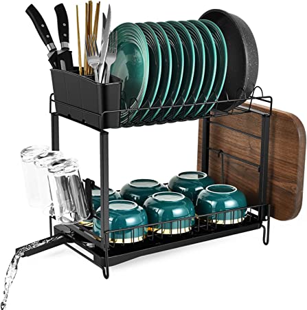 aceyoon Dish Drying Rack with Adjustable Drain, 2 Tier Dish Drainer Rack with Removable Drip Tray Utensil Holder and Cup Holder Space-Saving Black Dish Drainer for Kitchen Counter