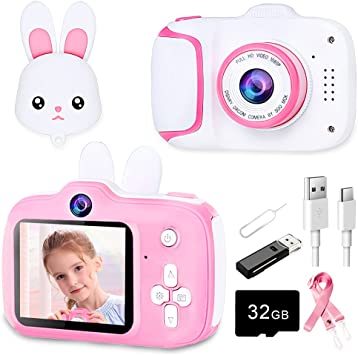 CHAREX Digital Kids Camera HD 1080p - Pink Bunny Camera for Kids Birthday Gift Portable Toys 3-8 Year Old Toddler Video Record Camera 5 Puzzle Games 32GB SD Card