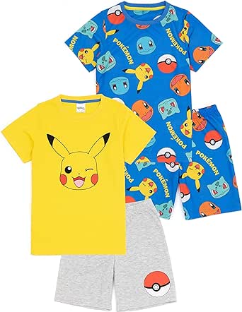 Pokemon Boys 2 Pack Pyjama Set | Kids Pokémon T-Shirt & Shorts PJs Bundle | Yellow Pikachu & Blue All Over Print Pajamas