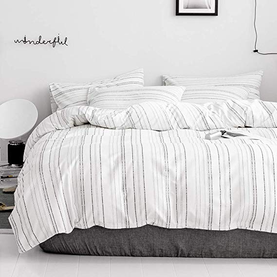 MKXI White Striped Duvet Cover Set Contemporary Geometric King Bedding Black Vertical Pin Stripes Print Reversible Bed Set with Zipper Cloure