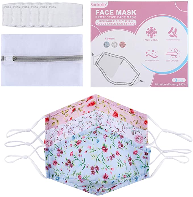 Reusable Cloth Face Masks with Adjustable Nose Wire & Ear Loops - Washable Cotton Mouth Mask 3 Layers