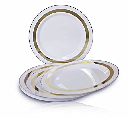 " OCCASIONS " 120 PACK, Heavyweight Disposable Wedding Party Plastic Plates (10.5'' Dinner Plate, Soleil White / Gold)