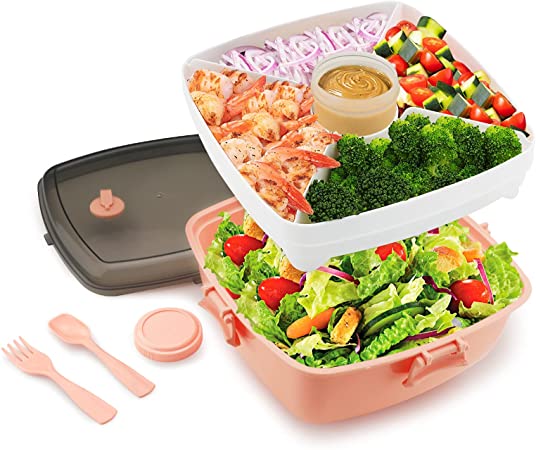 Salad Lunch Container To Go - 40-oz Salad Bowl with 5-Compartments Bento Style Tray, BPA-Free Leak-Proof Lunch Box with Reusable Fork Spoon and Sauce Container for Food Snack (Pink)