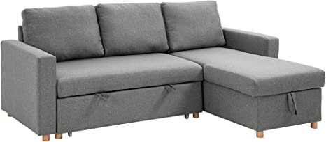 Canapé d'angle 3 Places Convertible - méridienne réversible - Coffre de Rangement intégré - garnissage Mousse Haute densité 24D - Tissu Polyester Aspect Lin Gris