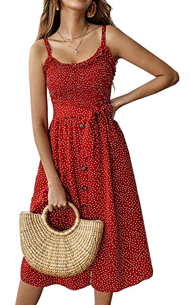 Angashion Women's Dresses - Summer Boho Floral Spaghetti Strap Button Down Belt Swing A line Midi Dress with Pockets