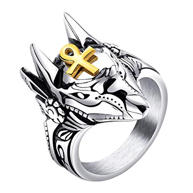 INRENG Men's Stainless Steel Ancient Egyptian God Anubis Amulet Ring with Gold Ankh Cross