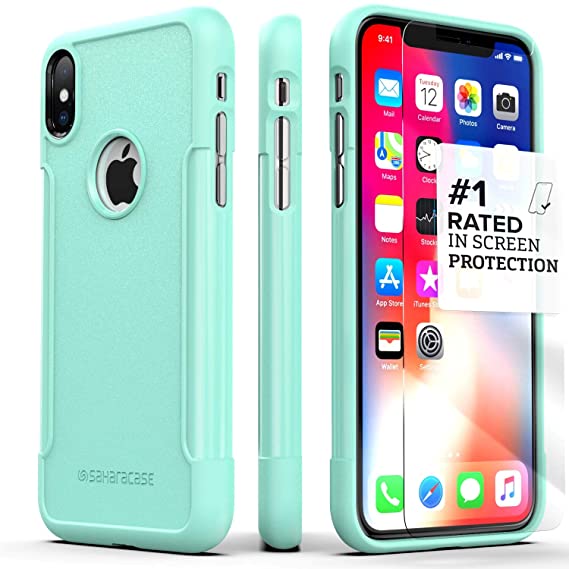 SaharaCase iPhone X and XS Case, Classic Series Protective Kit Bundle   [ZeroDamage Tempered Glass Screen Protector] Rugged Protection Anti-Slip Grip Shockproof Bumper Anti-Scratch - Aqua Teal