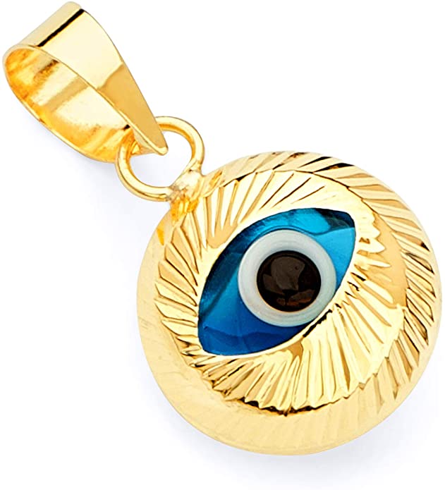 14k REAL Yellow Gold Evil Eye Fluted Charm Pendant