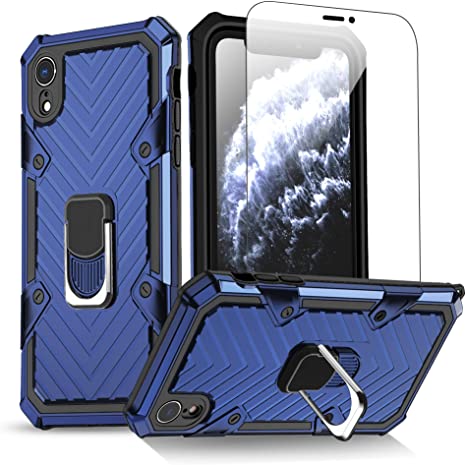 for iPhone XR Case DMDMBATH Case for iPhone XR with Ring Holder Screen Protector Kickstand camera lenses Protection All-Inclusive Thickened Anti-Fall Hard Pc   TPU Back Shell Magnetic Car Mount (Blue)