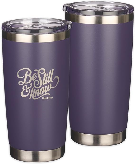 Christian Art Gifts Stainless Steel Double Wall Vacuum Insulated Tumbler 18 oz Purple Bible Verse Travel Mug with Retractable Lid for Women with Bible Verse - Be Still & Know - Psalm 46:10