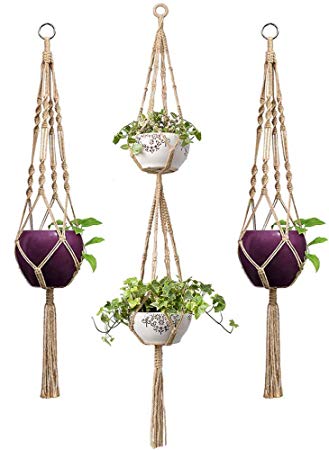 Mkono 3 Pcs Macrame Plant Hanger Indoor Outdoor Hanging Planter Basket Jute Rope-Modern Boho Home Decor