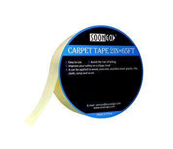 Double Sided Carpet Tape Rug Non Slip Cloth Tape Indoor Outdoor Multipurpose Poster floor Stairs No Residue 2in65ft Roll By SOONGO
