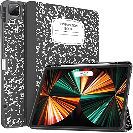 Soke New iPad Pro 12.9 Case 2021 with Pencil Holder - [Full Body Protection   2nd Gen Apple Pencil Charging   Auto Wake/Sleep], Soft TPU Back Cover for 2021 iPad Pro 12.9 inch(Book Black)