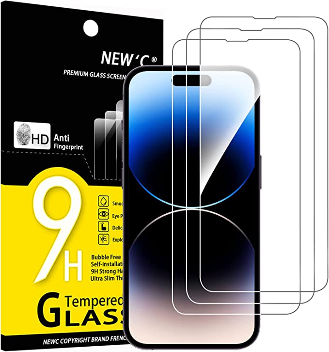 NEW'C 3 Pezzi, Vetro Temperato per iPhone 14 Pro (6,1"), Pellicola Prottetiva Anti Graffio, Anti-Impronte, Senza Bolle, Durezza 9H, 0,33mm Ultra Trasparente, Ultra Resistente