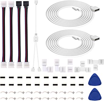 iCreating 5050 4Pin LED Strip Connector Kit with 2 Way RGB Splitter Cable, 6.6ft RGB Extension Cable, Strip to RGB Controller Jumper, LED Strip to Strip Jumper, L Shape Connectors, Gapless Connector