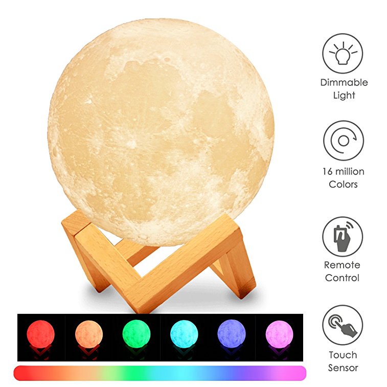 3D Printed Moon Lamp, KingSo 16-colors Dimmable 5.9 inch Remote Control Baby Night Light Table Desk Lamp USB Charging Wooden Base for Bedroom Birthday Decoration